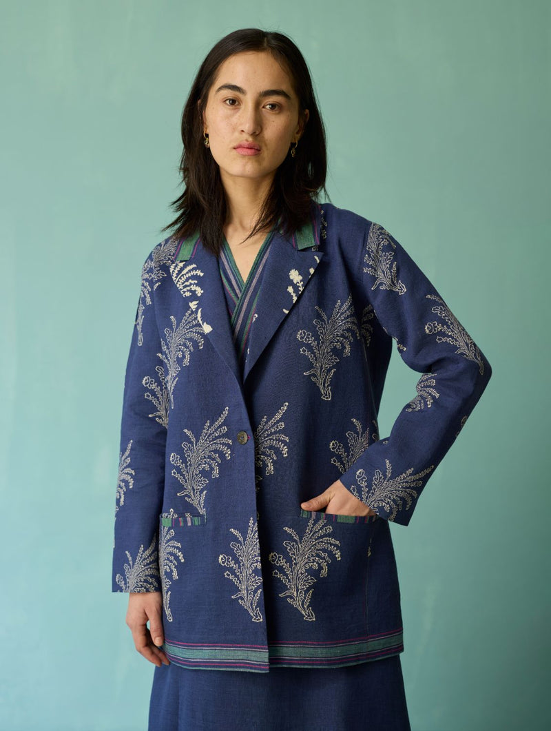 Arya Block Printed Floral Blazer - Indigo linen jacket/overlay by Manan in navy for women in Singapore