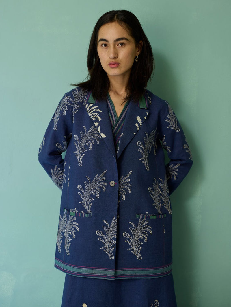 Arya Block Printed Floral Blazer - Indigo linen jacket/overlay by Manan in navy for women in Singapore