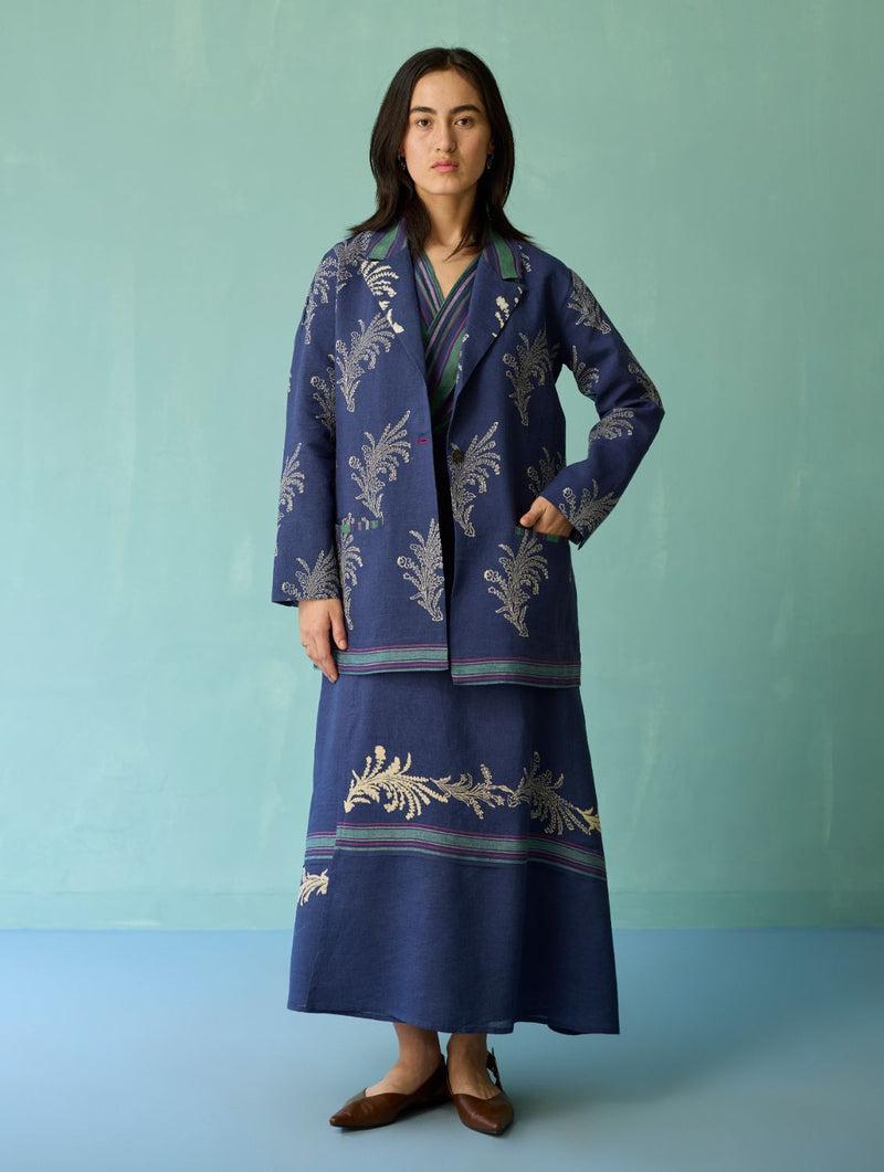Arya Block Printed Floral Blazer - Indigo linen jacket/overlay by Manan in navy for women in Singapore