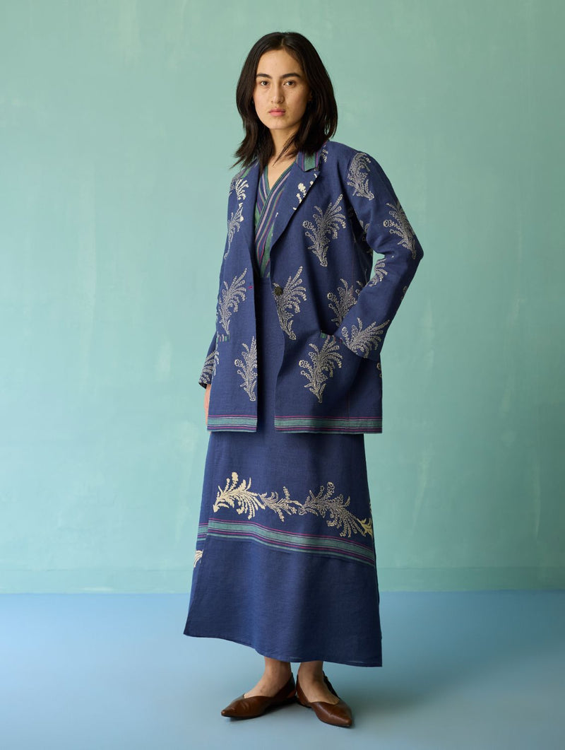 Arya Block Printed Floral Blazer - Indigo linen jacket/overlay by Manan in navy for women in Singapore