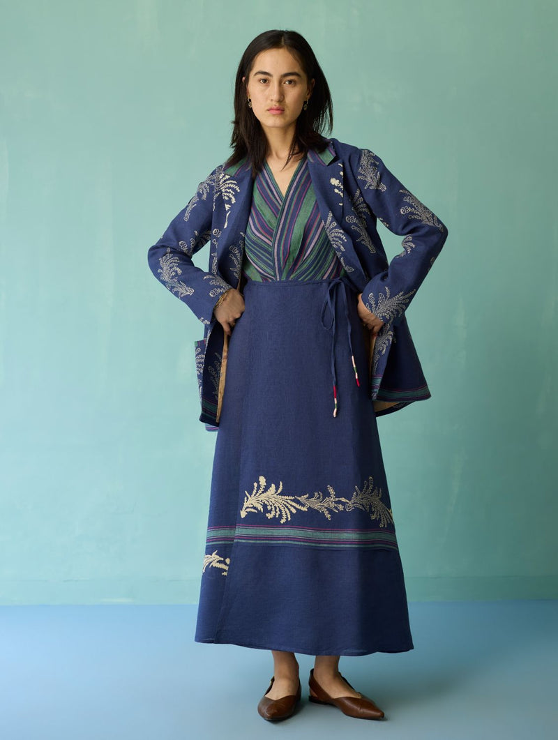 Arya Block Printed Floral Blazer - Indigo linen jacket/overlay by Manan in navy for women in Singapore