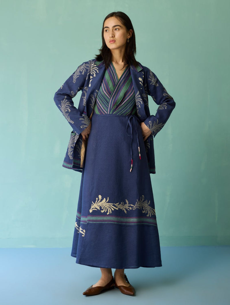 Arya Block Printed Floral Blazer - Indigo linen jacket/overlay by Manan in navy for women in Singapore