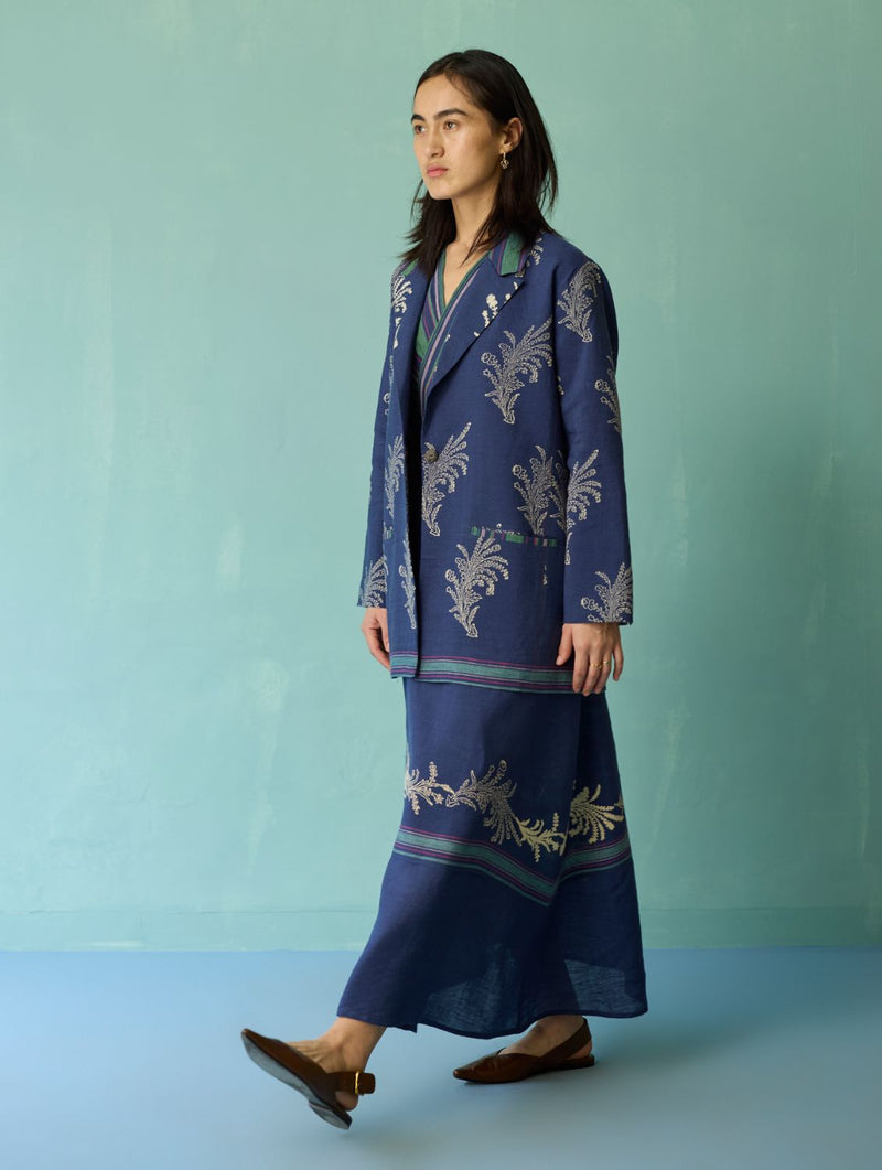 Arya Block Printed Floral Blazer - Indigo linen jacket/overlay by Manan in navy for women in Singapore