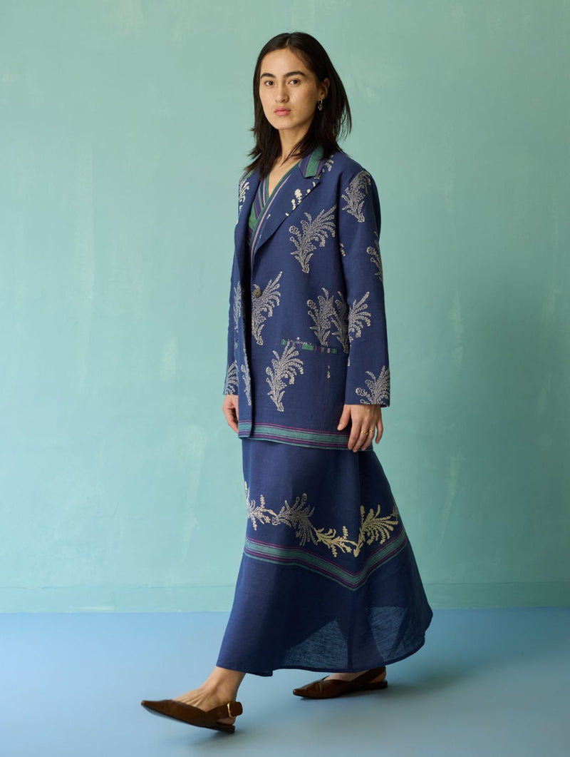 Arya Block Printed Floral Blazer - Indigo linen jacket/overlay by Manan in navy for women in Singapore