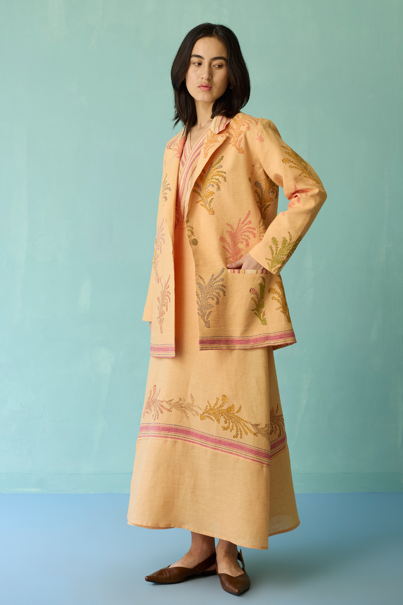Arya Block Printed Floral Blazer - Apricot linen jacket/overlay by Manan in apricot for women in Singapore
