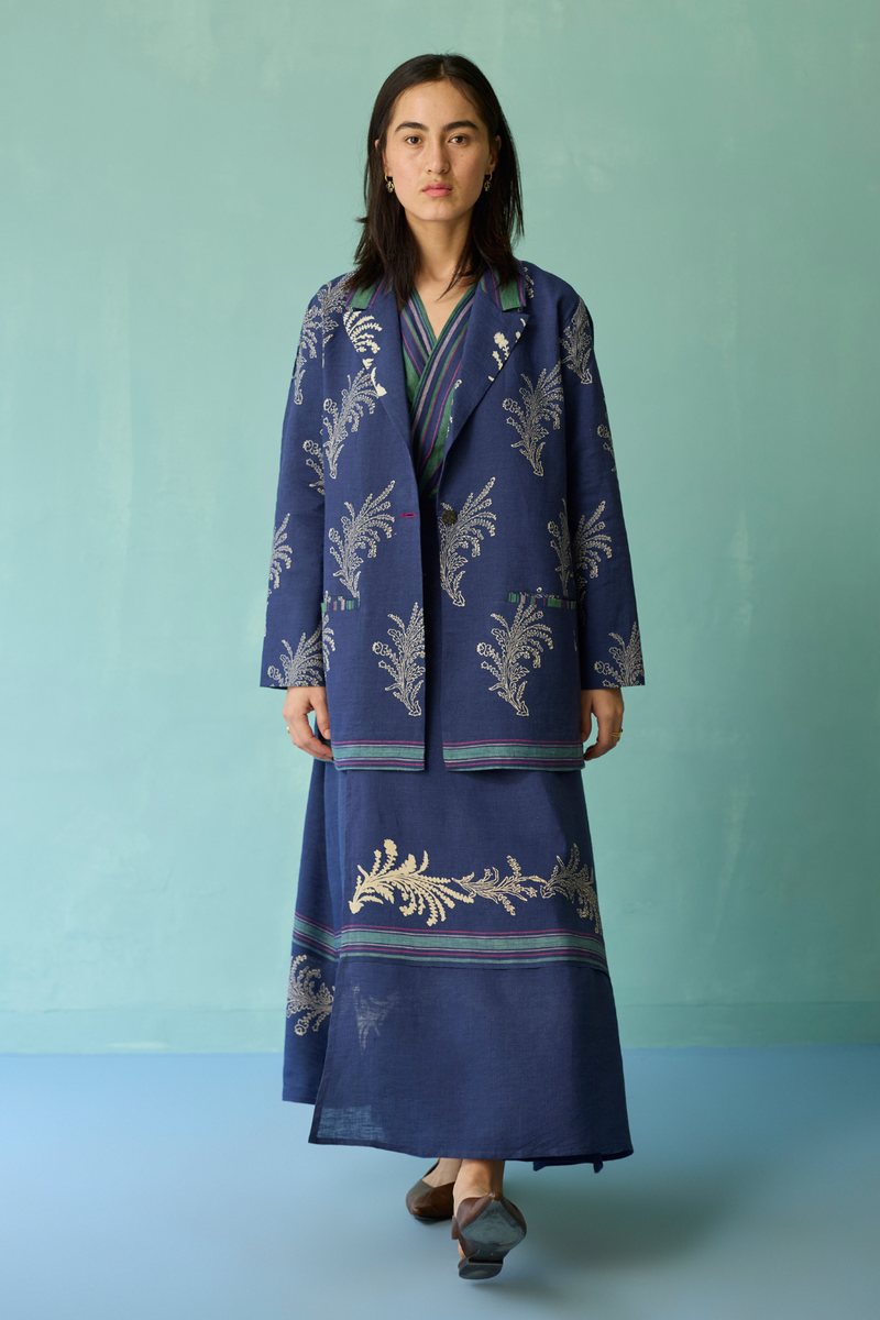 Arya Block Printed Floral Blazer - Indigo linen jacket/overlay by Manan in navy for women in Singapore