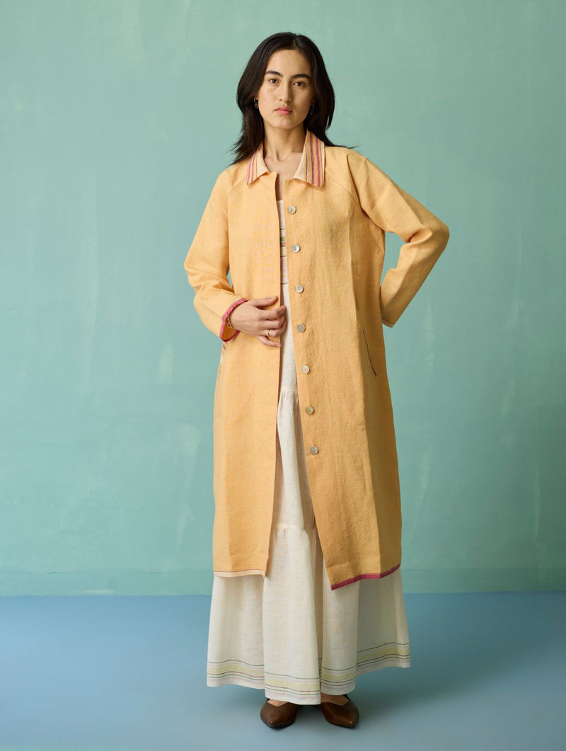 Kara Long Linen Overlay - Apricot linen jacket/overlay by Manan in apricot for women in Singapore