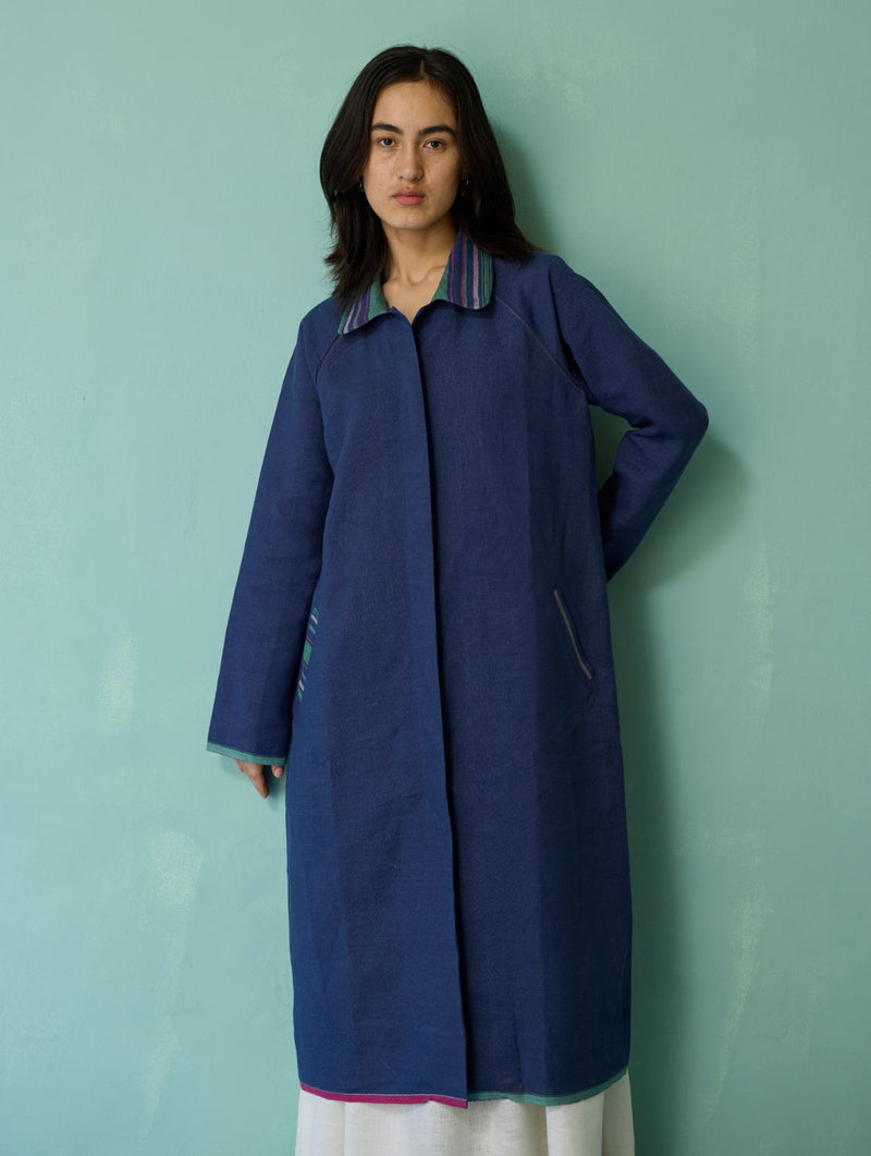 Kara Long Linen Overlay - Indigo linen jacket/overlay by Manan in navy for women in Singapore