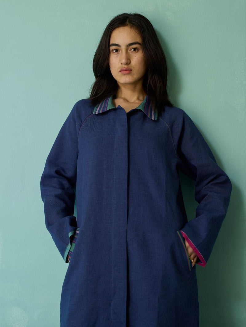 Kara Long Linen Overlay - Indigo linen jacket/overlay by Manan in navy for women in Singapore