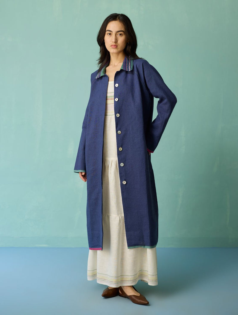 Kara Long Linen Overlay - Indigo linen jacket/overlay by Manan in navy for women in Singapore