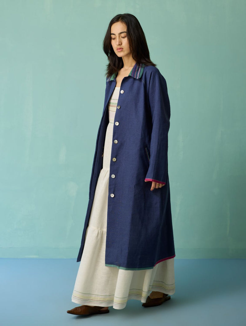 Kara Long Linen Overlay - Indigo linen jacket/overlay by Manan in navy for women in Singapore