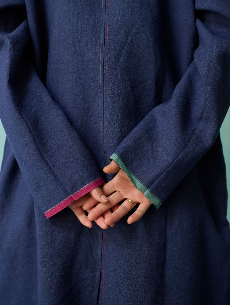 Kara Long Linen Overlay - Indigo linen jacket/overlay by Manan in navy for women in Singapore