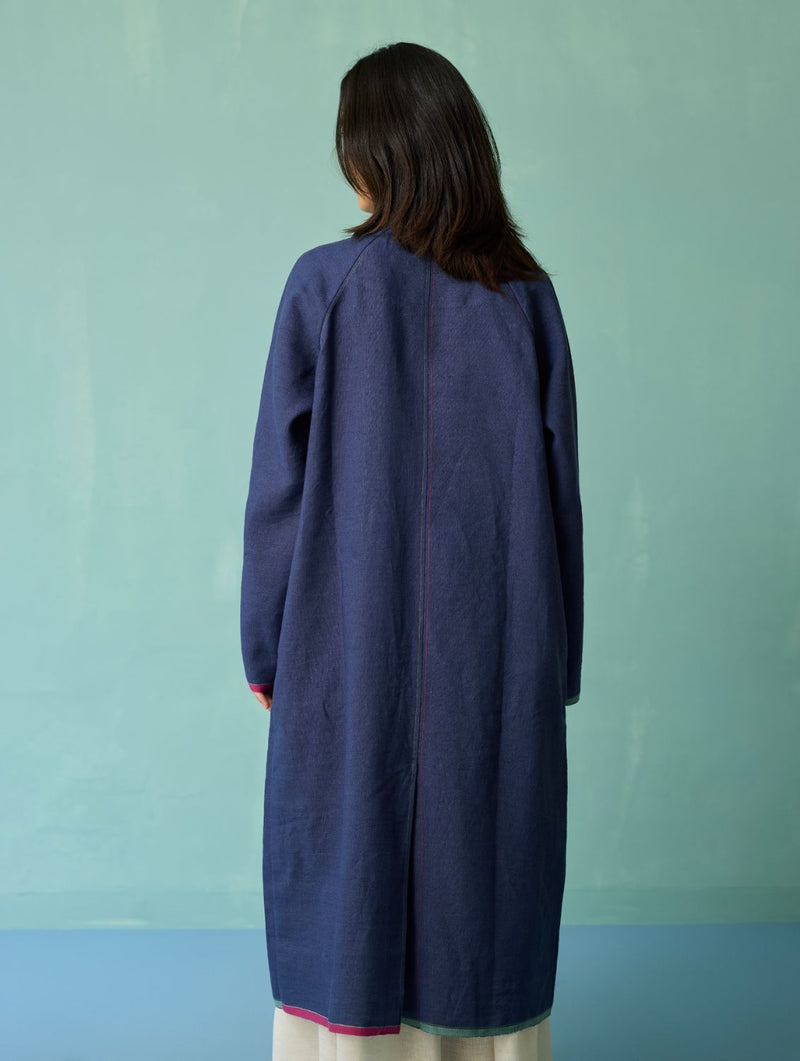 Kara Long Linen Overlay - Indigo linen jacket/overlay by Manan in navy for women in Singapore