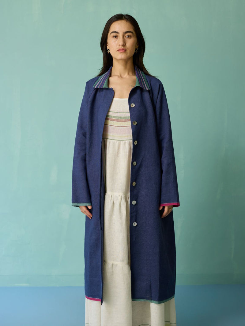 Kara Long Linen Overlay - Indigo linen jacket/overlay by Manan in navy for women in Singapore