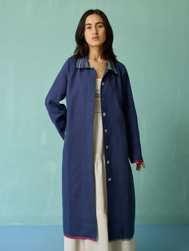 Kara Long Linen Overlay - Indigo linen jacket/overlay by Manan in navy for women in Singapore