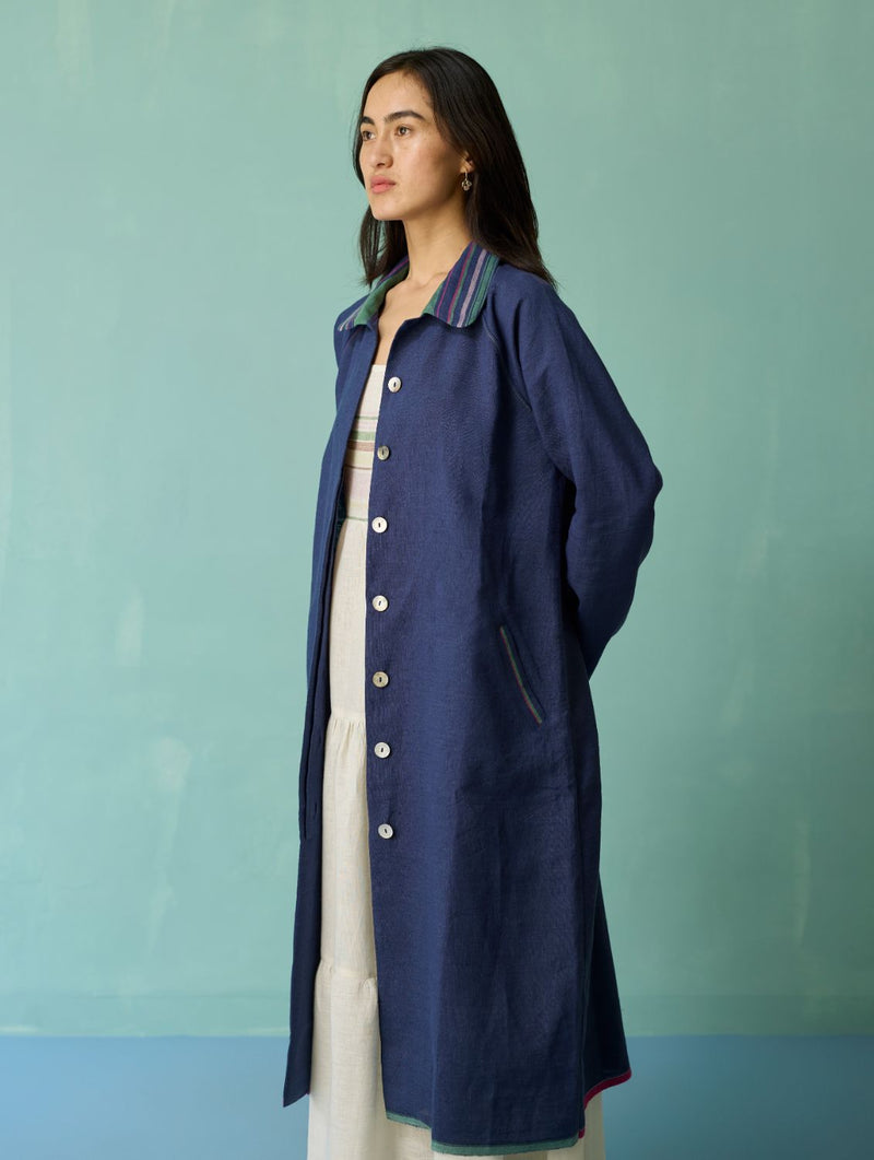 Kara Long Linen Overlay - Indigo linen jacket/overlay by Manan in navy for women in Singapore