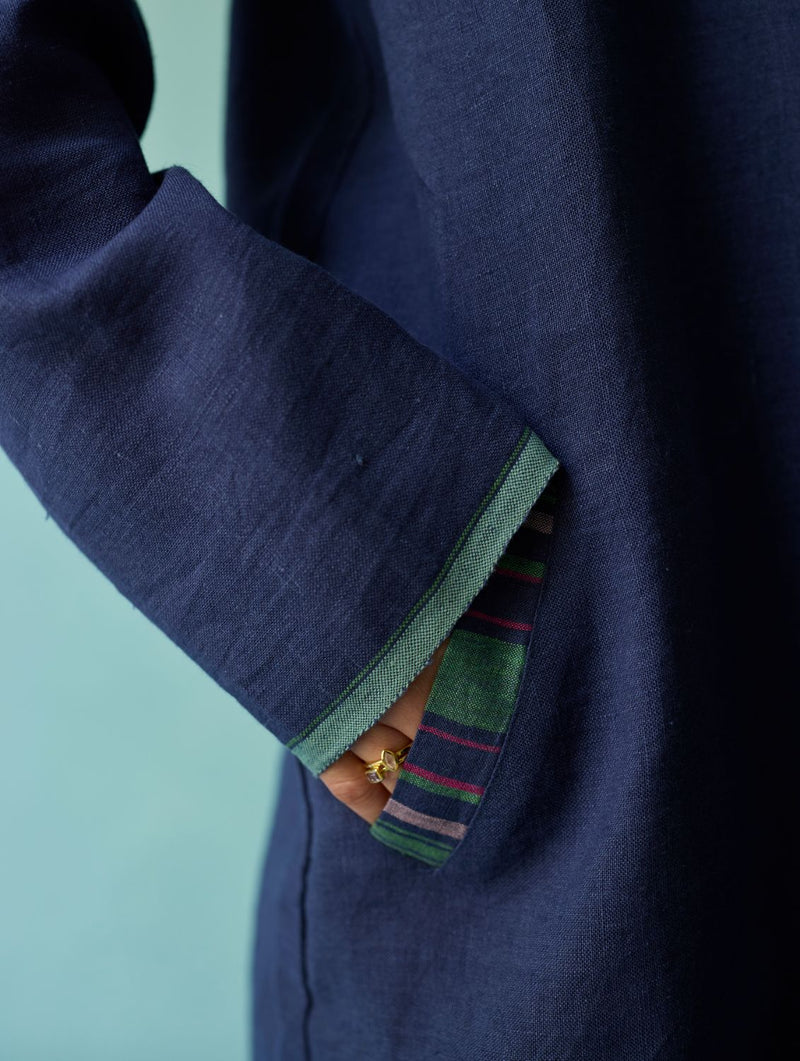 Kara Long Linen Overlay - Indigo linen jacket/overlay by Manan in navy for women in Singapore