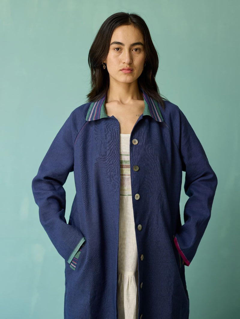 Kara Long Linen Overlay - Indigo linen jacket/overlay by Manan in navy for women in Singapore