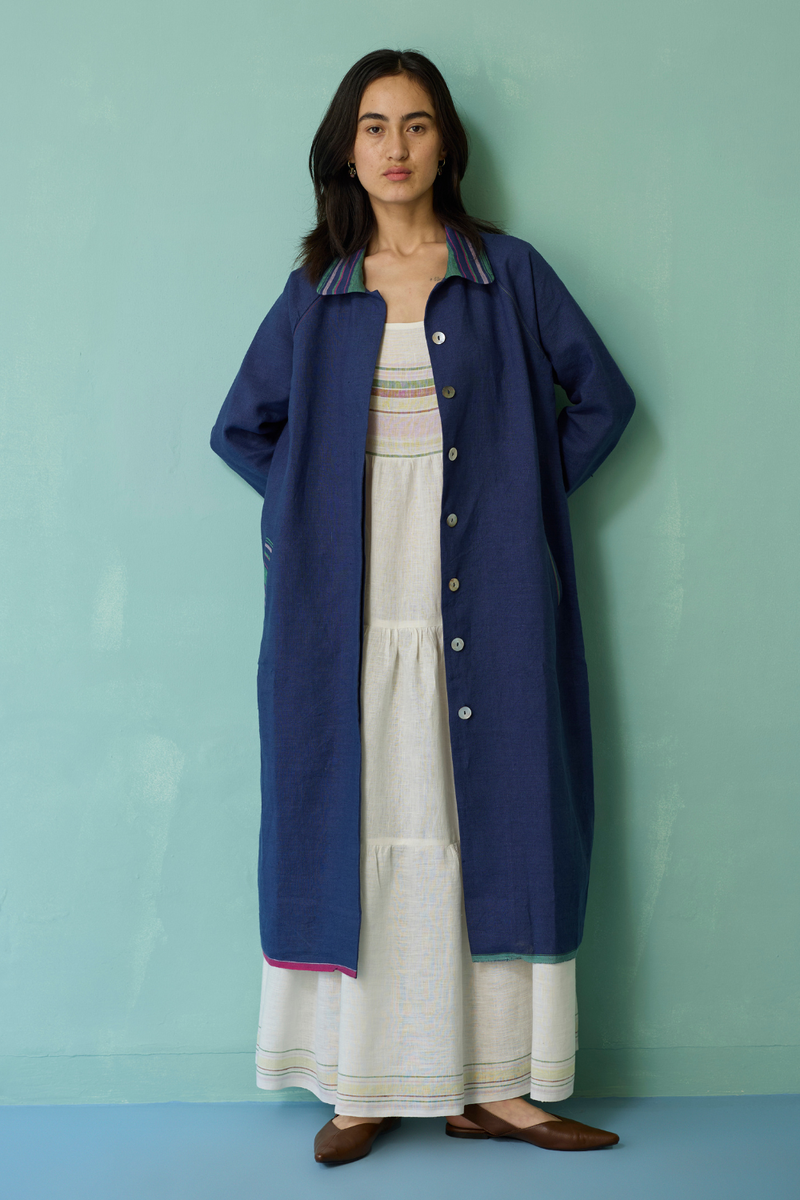 Kara Long Linen Overlay - Indigo linen jacket/overlay by Manan in navy for women in Singapore