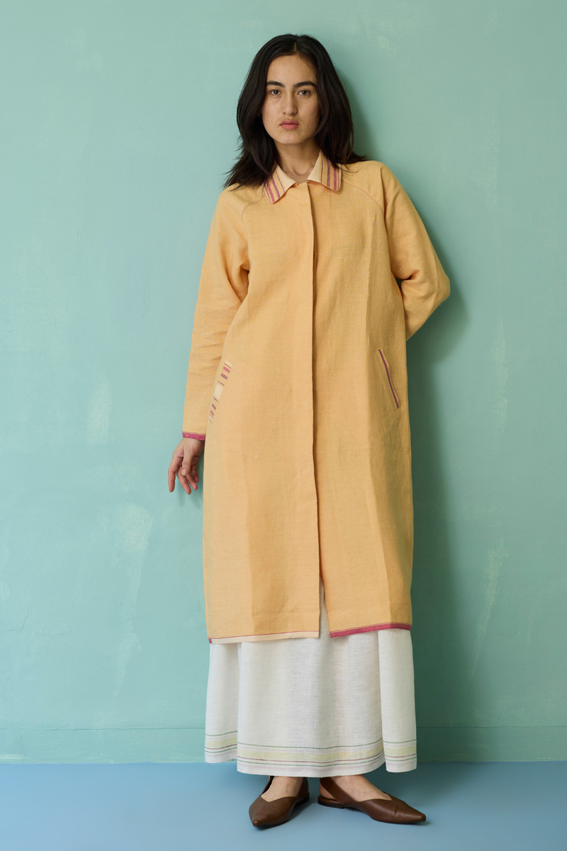 Kara Long Linen Overlay - Apricot linen jacket/overlay by Manan in apricot for women in Singapore