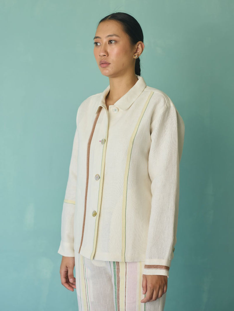 Della Border Linen Jacket - Ivory linen jacket/overlay by Manan in ivory for women in Singapore