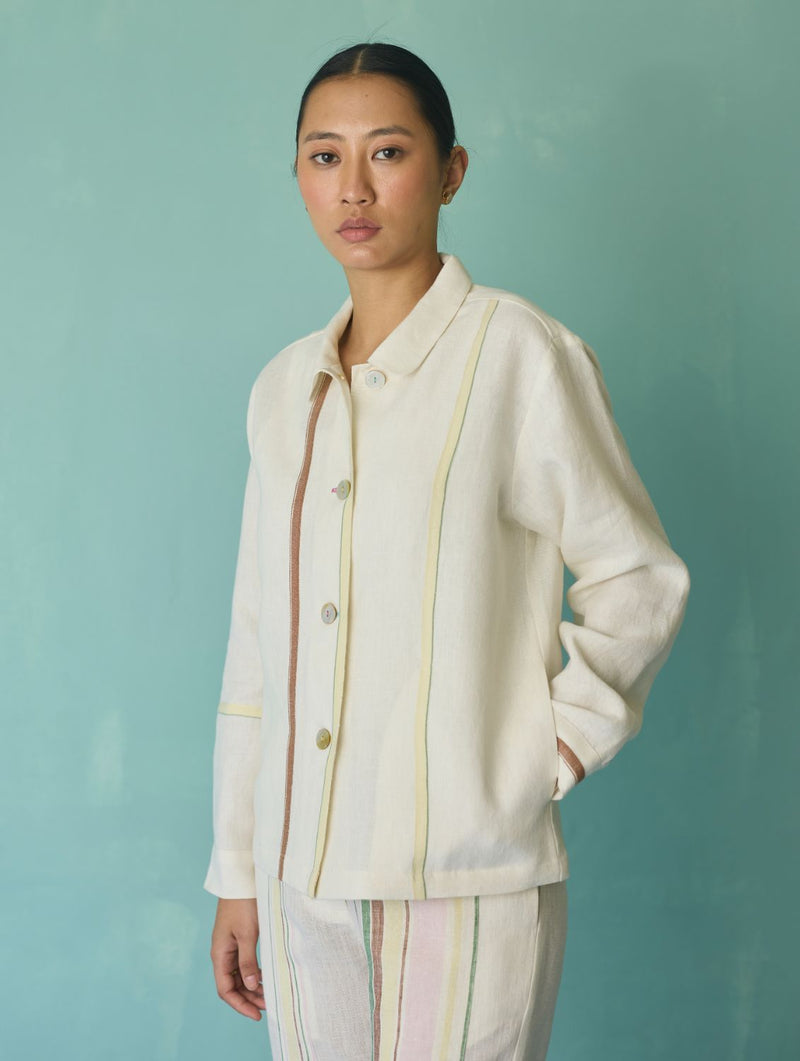 Della Border Linen Jacket - Ivory linen jacket/overlay by Manan in ivory for women in Singapore
