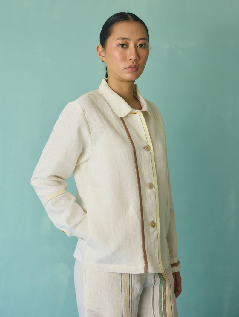 Della Border Linen Jacket - Ivory linen jacket/overlay by Manan in ivory for women in Singapore