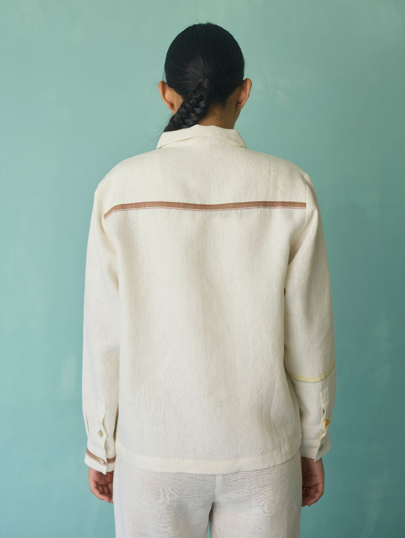 Della Border Linen Jacket - Ivory linen jacket/overlay by Manan in ivory for women in Singapore