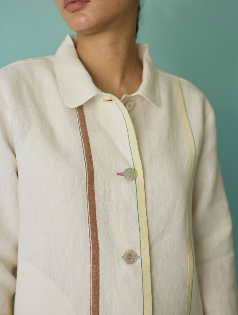 Della Border Linen Jacket - Ivory linen jacket/overlay by Manan in ivory for women in Singapore