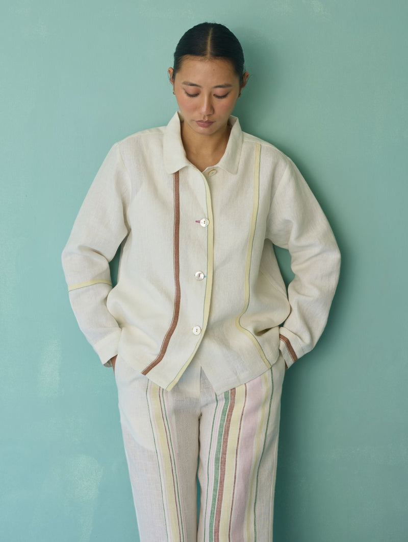 Della Border Linen Jacket - Ivory linen jacket/overlay by Manan in ivory for women in Singapore