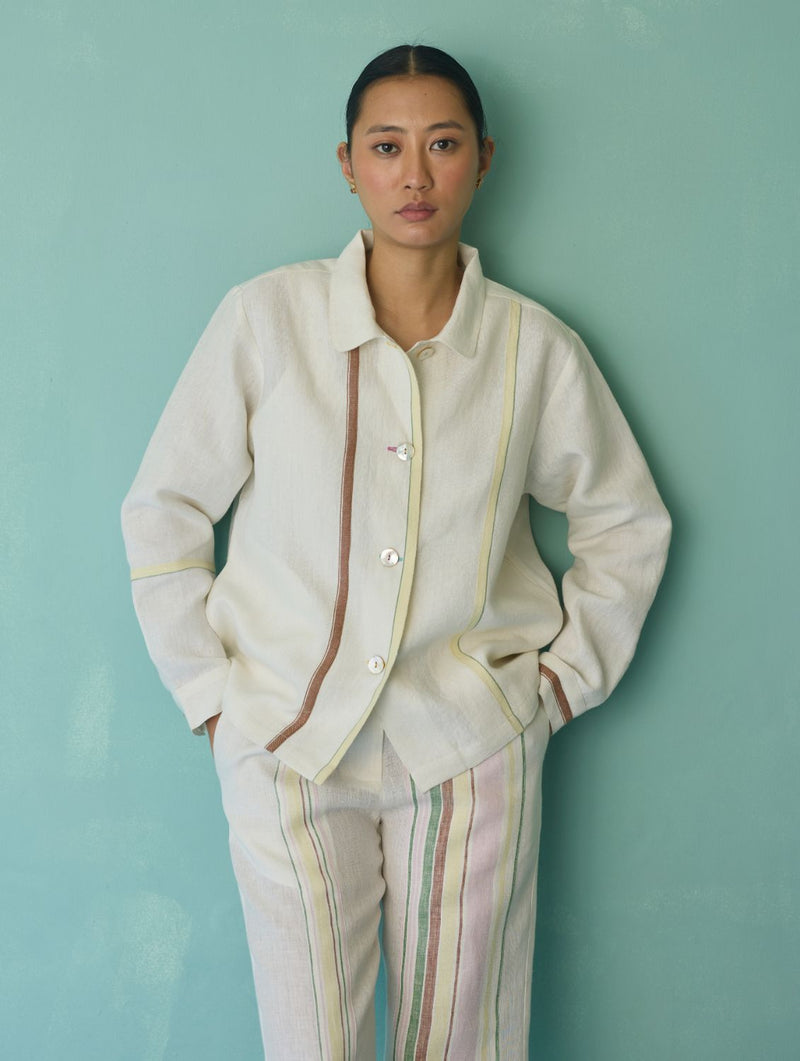 Della Border Linen Jacket - Ivory linen jacket/overlay by Manan in ivory for women in Singapore