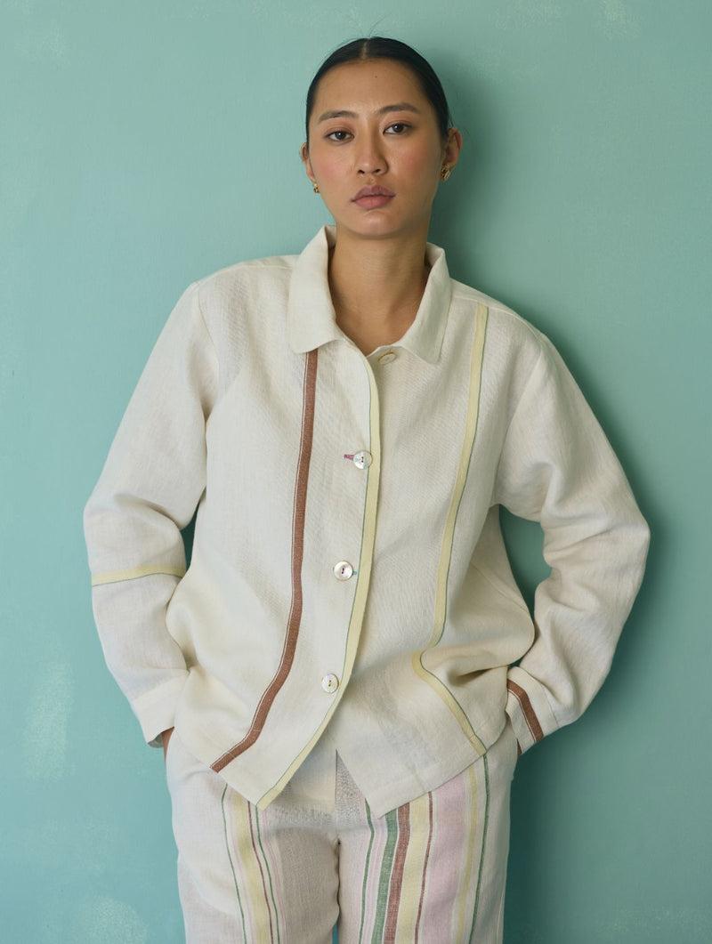 Della Border Linen Jacket - Ivory linen jacket/overlay by Manan in ivory for women in Singapore