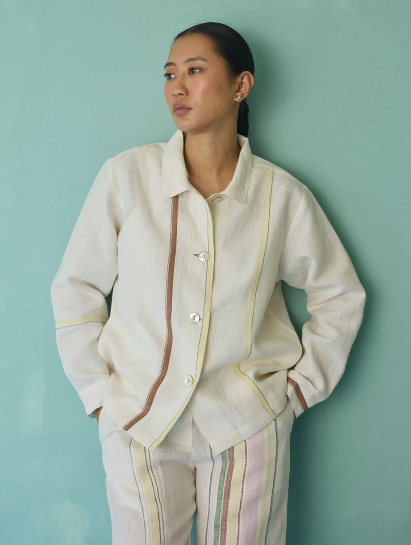 Della Border Linen Jacket - Ivory linen jacket/overlay by Manan in ivory for women in Singapore