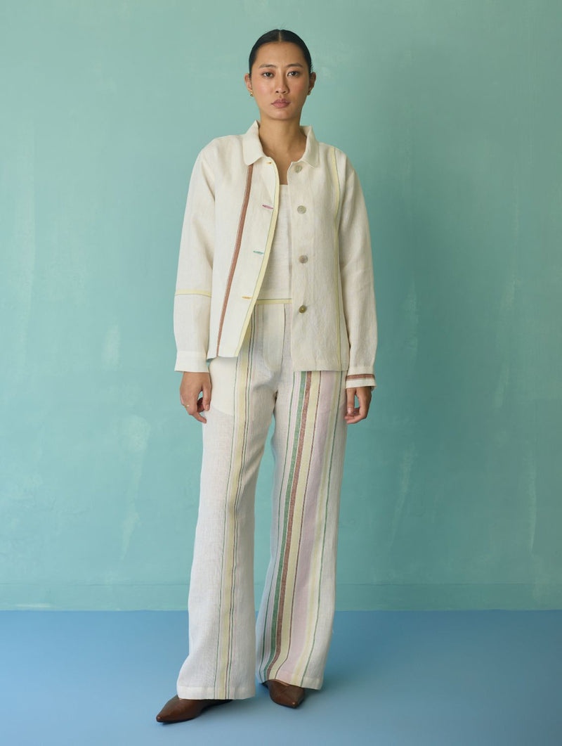 Della Border Linen Jacket - Ivory linen jacket/overlay by Manan in ivory for women in Singapore
