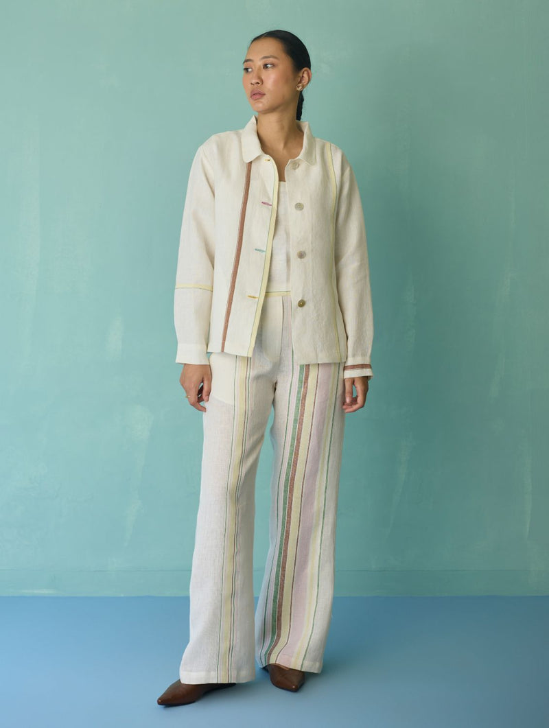 Della Border Linen Jacket - Ivory linen jacket/overlay by Manan in ivory for women in Singapore