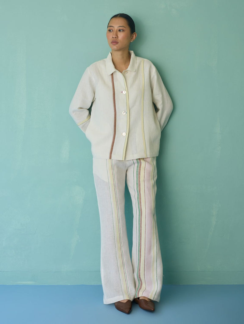 Della Border Linen Jacket - Ivory linen jacket/overlay by Manan in ivory for women in Singapore