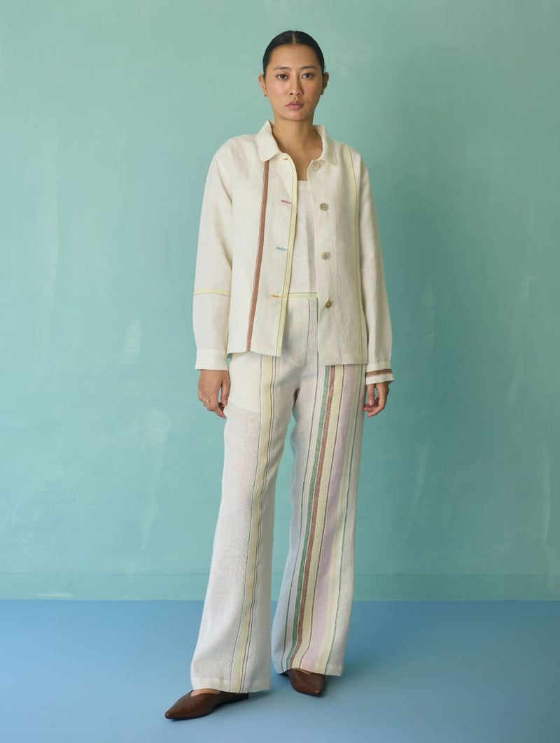 Della Border Linen Jacket - Ivory linen jacket/overlay by Manan in ivory for women in Singapore