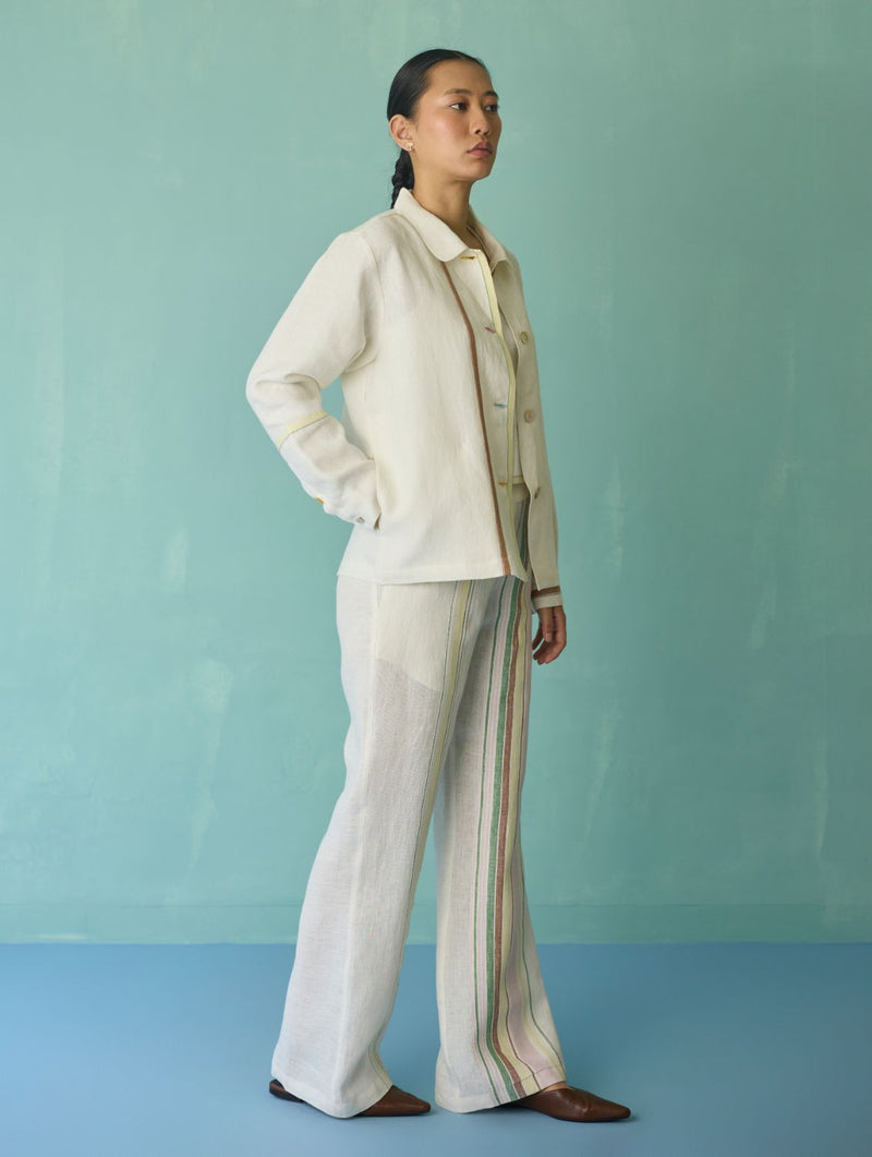 Della Border Linen Jacket - Ivory linen jacket/overlay by Manan in ivory for women in Singapore