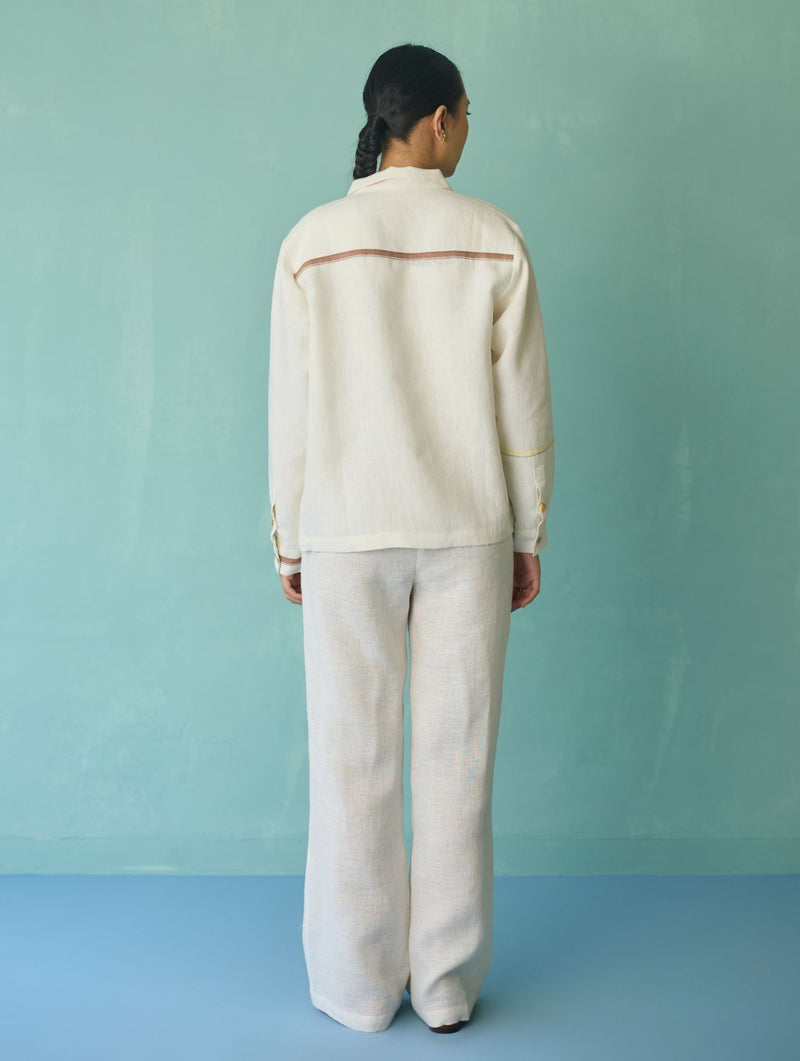 Della Border Linen Jacket - Ivory linen jacket/overlay by Manan in ivory for women in Singapore