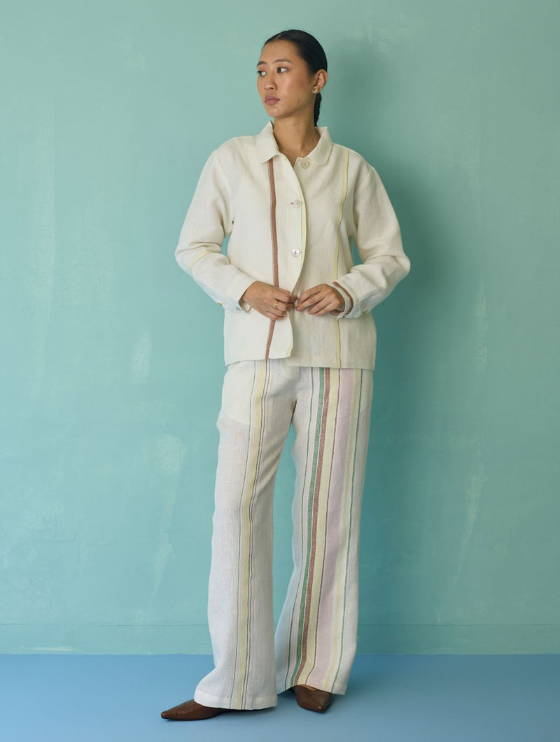 Della Border Linen Jacket - Ivory linen jacket/overlay by Manan in ivory for women in Singapore