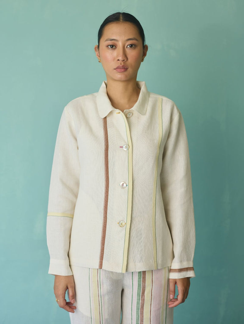 Della Border Linen Jacket - Ivory linen jacket/overlay by Manan in ivory for women in Singapore