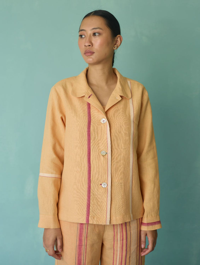 Della Border Linen Jacket - Apricot linen jacket/overlay by Manan in apricot for women in Singapore