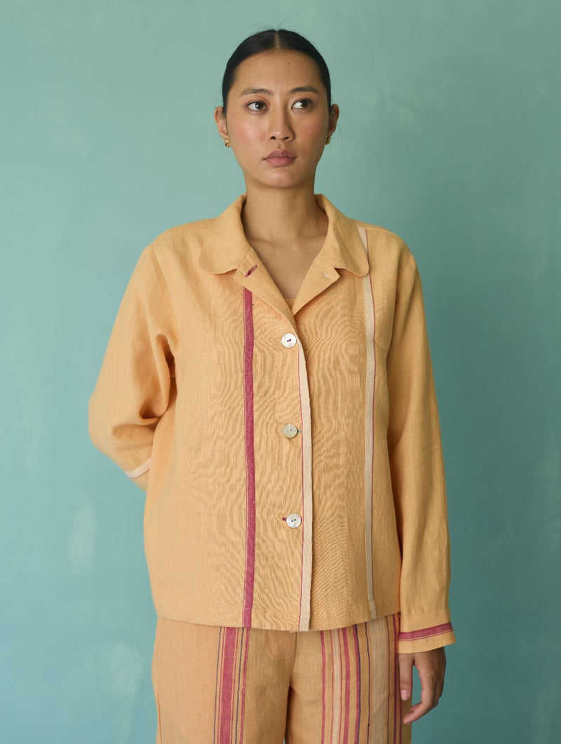 Della Border Linen Jacket - Apricot linen jacket/overlay by Manan in apricot for women in Singapore