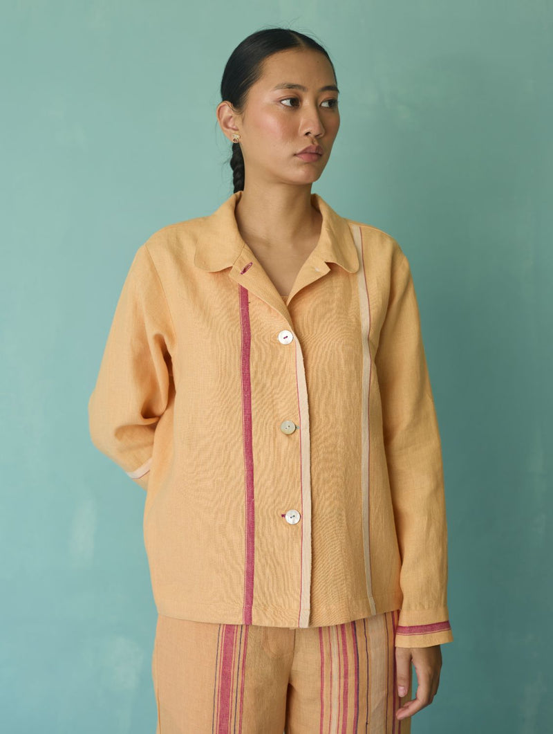 Della Border Linen Jacket - Apricot linen jacket/overlay by Manan in apricot for women in Singapore
