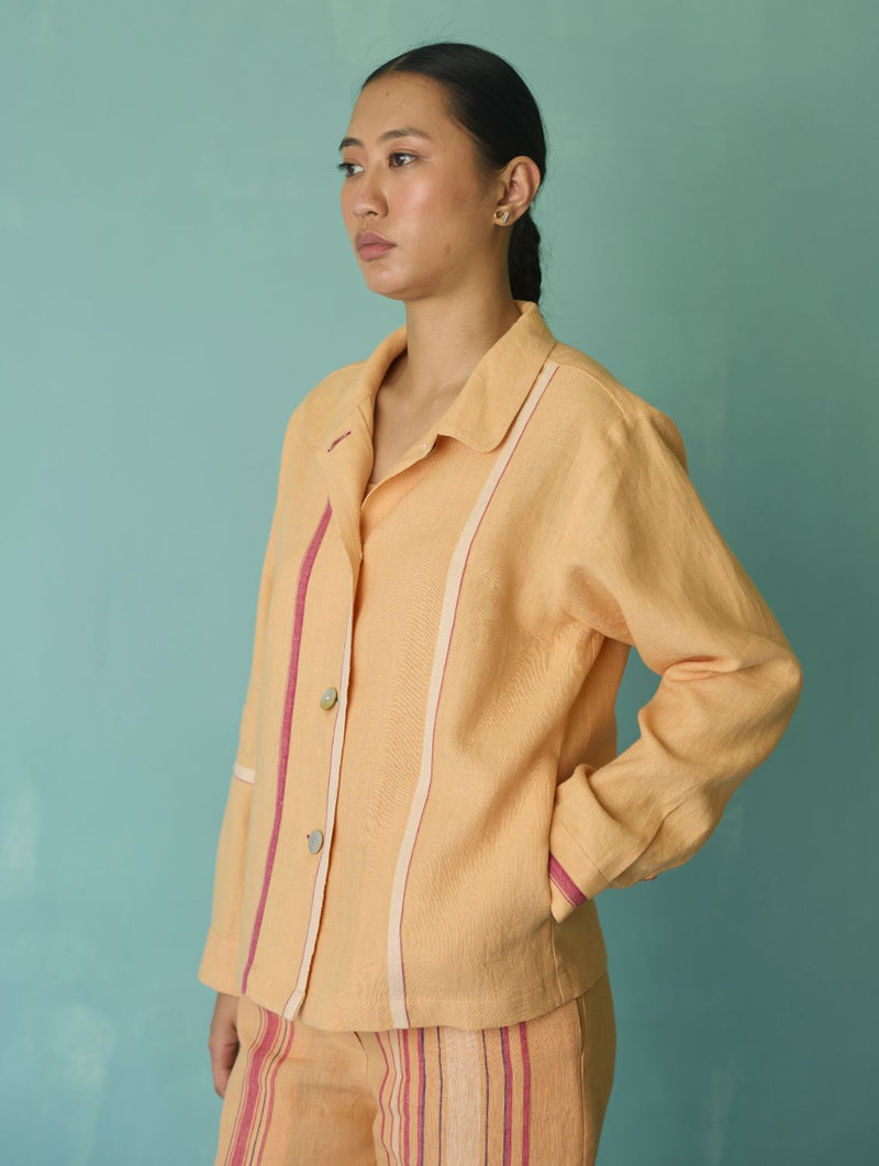 Della Border Linen Jacket - Apricot linen jacket/overlay by Manan in apricot for women in Singapore