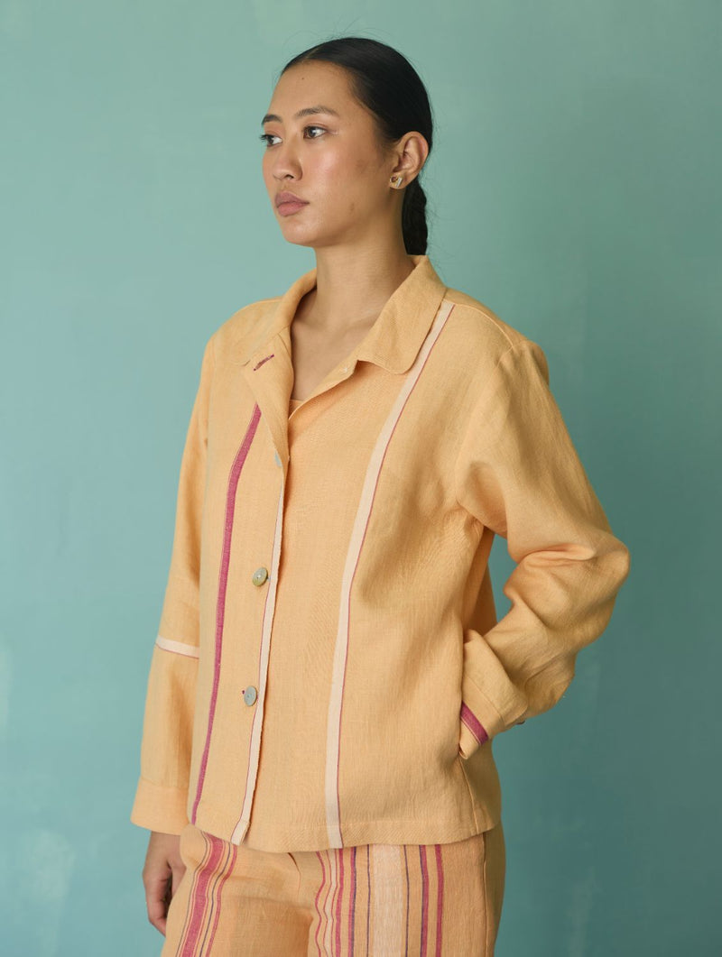 Della Border Linen Jacket - Apricot linen jacket/overlay by Manan in apricot for women in Singapore