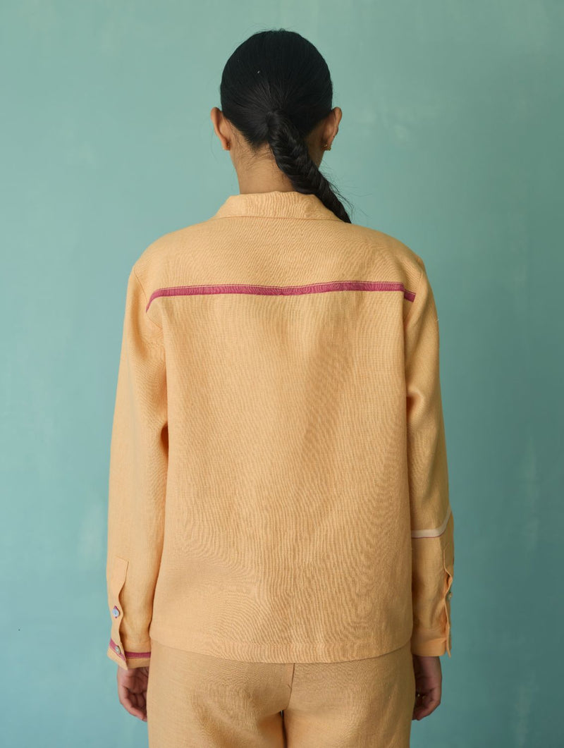 Della Border Linen Jacket - Apricot linen jacket/overlay by Manan in apricot for women in Singapore
