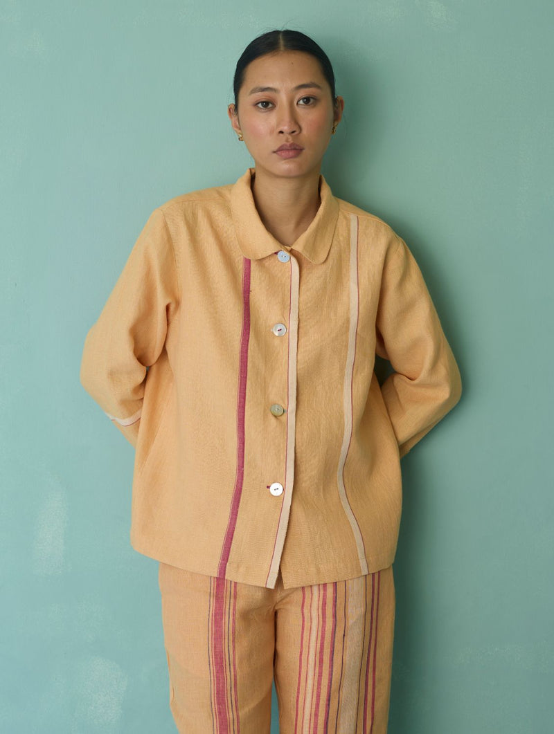 Della Border Linen Jacket - Apricot linen jacket/overlay by Manan in apricot for women in Singapore
