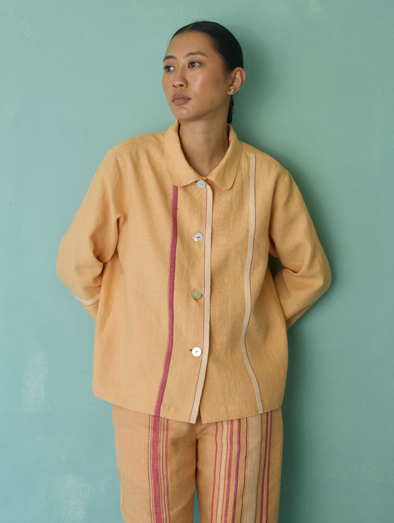 Della Border Linen Jacket - Apricot linen jacket/overlay by Manan in apricot for women in Singapore