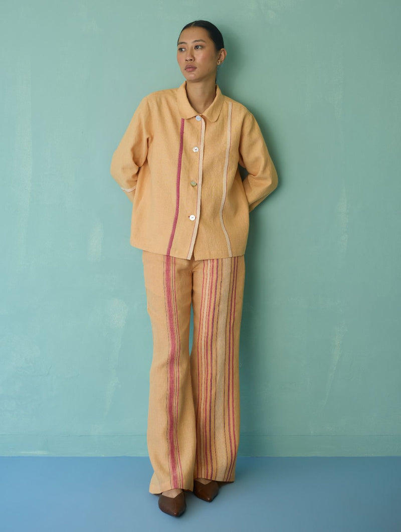 Della Border Linen Jacket - Apricot linen jacket/overlay by Manan in apricot for women in Singapore